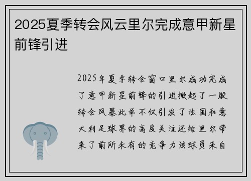 2025夏季转会风云里尔完成意甲新星前锋引进 2025夏季转会风云里尔完成意甲新星前锋引进