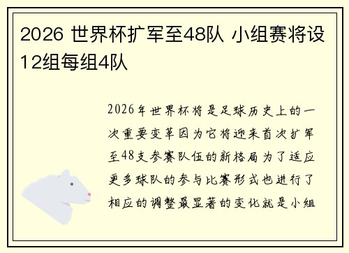 2026 世界杯扩军至48队 小组赛将设12组每组4队