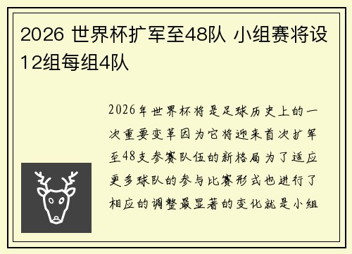 2026 世界杯扩军至48队 小组赛将设12组每组4队